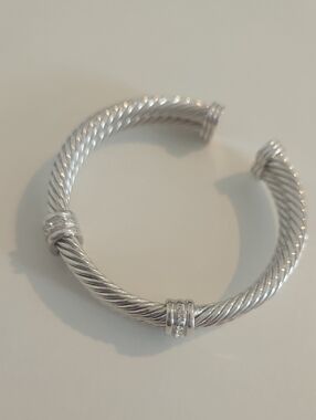 Silver Twisted Cable Cuff Bracelet with Rhinestone Accents